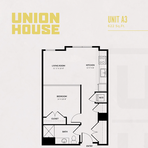 A floor plan for a 622 square foot Union House unit, showing a living room, kitchen, bedroom, bath, closet, and entry.